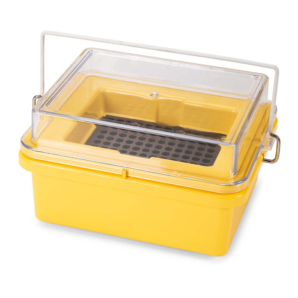 Globe Scientific CryoCool Mini Cooler, -20°C, 96-Place (8x12) for 0.2mL PCR Tubes, Yellow Cooler; Chiller; polycarbonate cooler; cryogenic cooler; -20°C